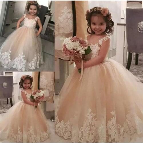 Little Princess Champagne Flower Girls Dresses Jewel Neck Lace Appliqued Birthday Party Gowns First Communion Dress