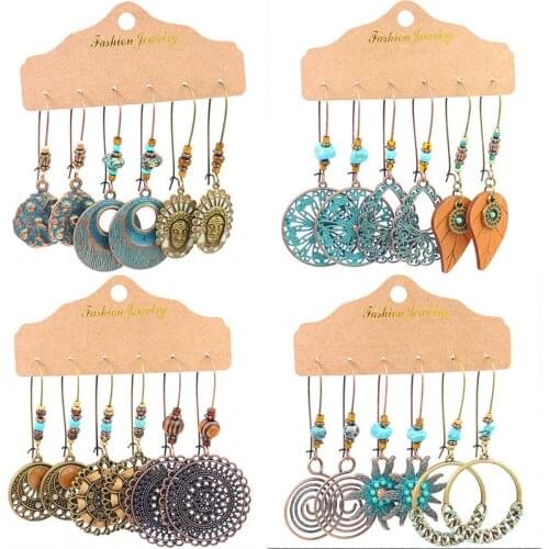 Boho Geometry Round Circle Alloy Drop Earrings for Woman Indian Ethnic Leaf Long Hanging Earrings Set Jewelry Accessories Gift