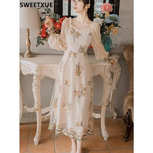 SWEETXUE Sweet Flower Embroidery Long Dress Summer Womens Square Collar Mesh Dress High Waist Elegant Party Dress Female