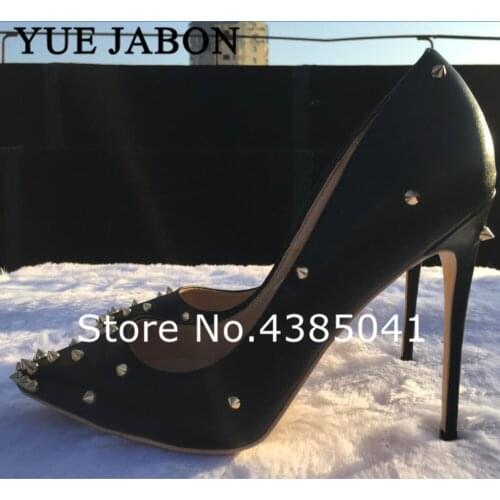 Black Rivets Women Sexy Extreme High Heels Fashion Ladies Patent Leather Pointed Toe Stiletto Pumps Shoes Color Customized Shoes