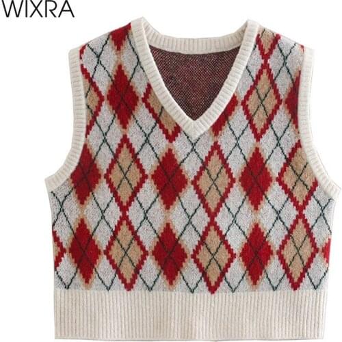 Wixra Womens Vest Sweater V Neck Sleeveless Jumpers Ladies Stylish Red Plaid Casual Tops Spring New