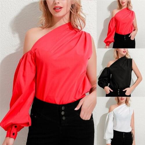 2020 Summer Sexy One Off Shoulder Women Tops And Blouses Long Lantern Sleeve Solid Color Shirts Casual Elegant Club Blouse