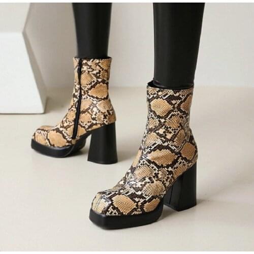 Sianie Tianie 2021 Winter Snakeskin Print Platform Block High Heels Woman Shoes Womens Ankle Sexy Chelsea Boots Big Size 47 48