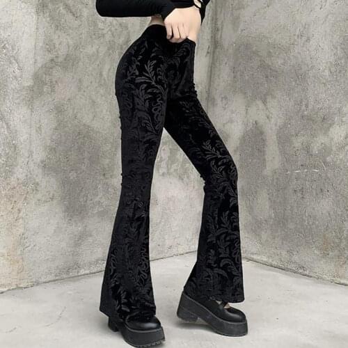 Women Vintage Elegant Black Pants Harajuku Gothic Print Pants Women Punk Streetwear Fitness Wide Leg Pants High Waist Trousers