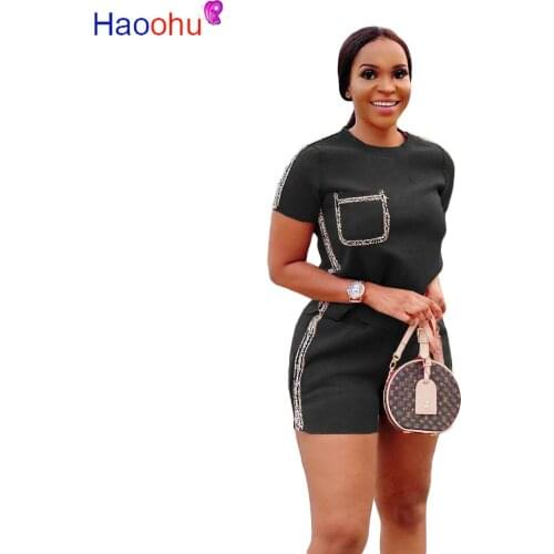 HAOOHU 2020 Women Two Pieces Sets Summer Tracksuits Short Sleeve O-Neck Tops+Jogger Shorts Leggings Sexy Suit Fitness Outfit
