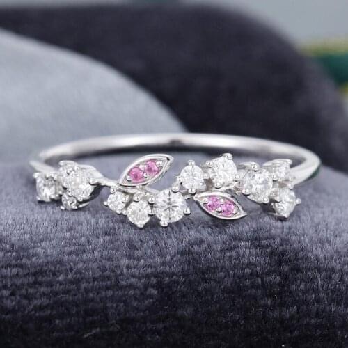 EDI Leaf Ring 14k White Gold Pink Sapphire Floral Wedding Band Moissanites Stacking Matching Anniversary Wedding Band For Women