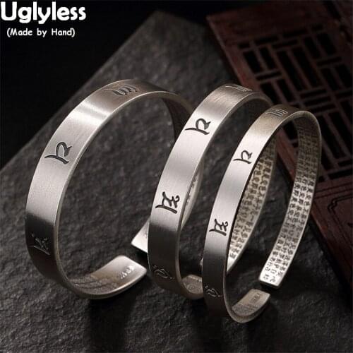 Uglyless 1 piece Solid 99.9% Full Silver Adjustable Open Bangles 3 Sizes Unisex Men Women Six-word Buddhism Bangles Heart Sutra