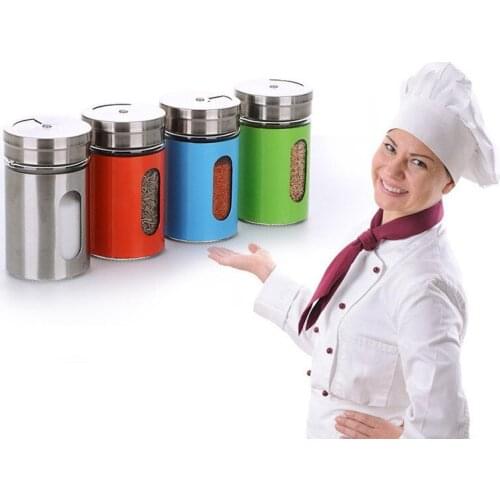 150pcs/lot 4 Different Needs Rotating Holes Spice Jars Condiment Pot Salt Pepper Kitchen Storage Stainless Steel Glass Container