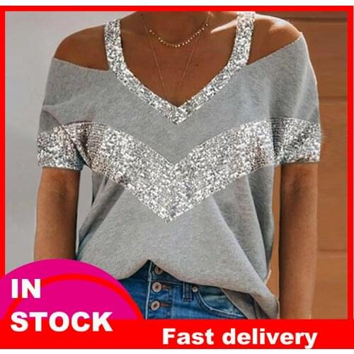 40#Sequins Strapless Blouse Womens Sexy V-neck Urban Casual Short-Sleeved Stitching Loose Suspender Tops Blouse Plus Size Shirt
