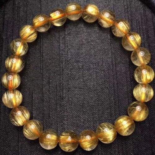 7.5mm Natural Gold Rutilated Quartz Titanium Stretch Crystal Beads Bracelet
