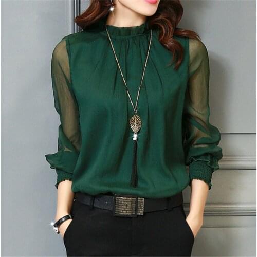 Chiffon Blouse New Women Tops Long Sleeve Stand Neck Work Wear Shirts Elegant Lady Casual Blouses