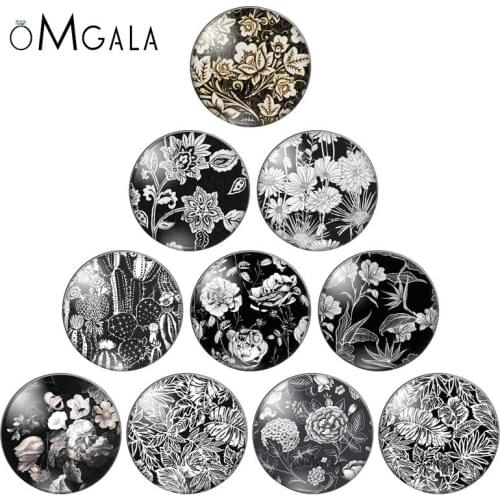 Black White Flowers Pattern 10pcs 12mm/14mm/16mm/18mm/20mm/25mm Round photo glass cabochon demo flat back Making findings
