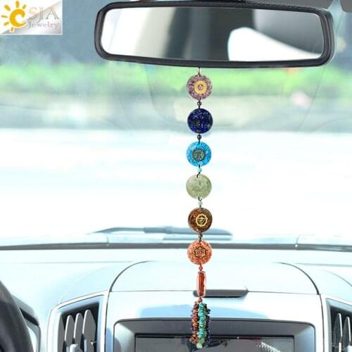 CSJA 7 Chakras Round Orgonite Feng Shui Hanging Decor Energy Yoga Om Chip Crystal Long Orgament Home Wall Window Decoration G606