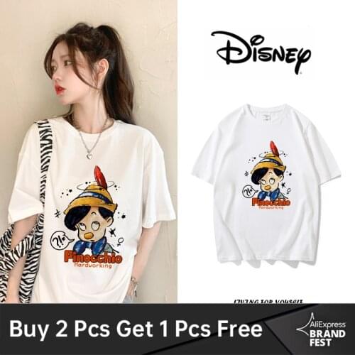 Disney Women Oversize T shirt Hip Hop Streetwear Pinocchio Letter Print Tee Tops Harajuku 100% Cotton Short Sleeve T-shirt Plus