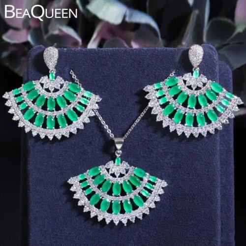 BeaQueen New Natural Green Cubic Zircon Crystal Big Drop Earrings Pendant Necklace Sets Fashion Party Jewelry Accessories JS259