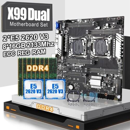 JINGSHA X99 Dual CPU Motherboard Set LGA 2011-3 With E5 2620V3 Processor And DDR4 8*16GB ECC REG RAM 2133 MHz Support E5V4 Serie