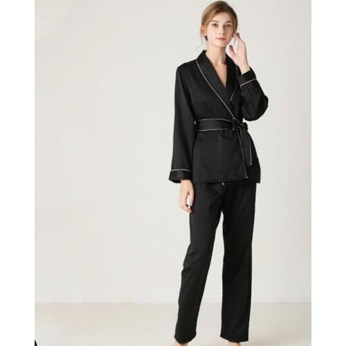 Spring Autumn New Satin 2PCS Pajamas Set Female Full Sleeve Robe&Pant Sleepwear With Belt Nightwear Casual Homewear Loose Pyjama