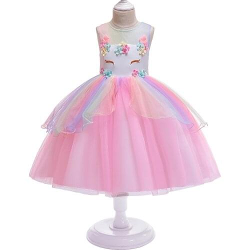 Summer Unicorn Girls Dress High Quality Lace Mesh Carnival Christmas Party Princess Dress 3 4 5 6 7 8 9 10 Years Kids Clothes