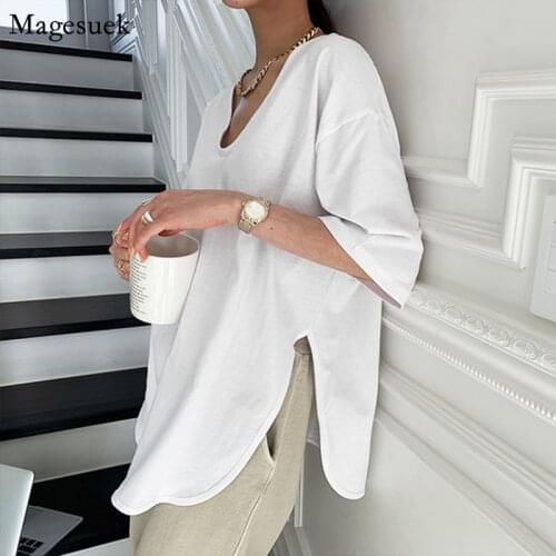 Summer V-neck Solid Cotton T-shirt Women Half Sleeve Plus Size Casual Womens Tshirt Arc Line Loose White Woman Tshirts 13683