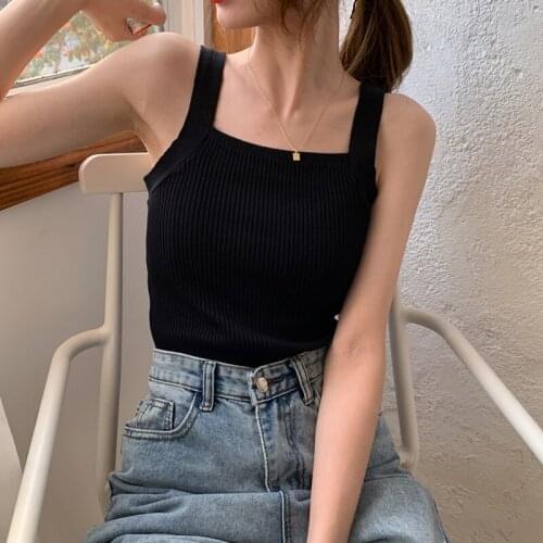 Tanks Women Top Solid Basic Knitted Camis Halter Korean Stylish Minimalist Camisole Summer Lovely Elegant Sexy Stretchy Tops