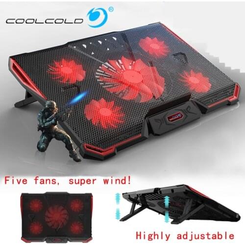 CoolCold Laptop Cooling Pad Air-cooled 5 Fans 2 USB Ports Adjustable Holder for 12 13 14 15 17 inch Laptop PC Notebook Cooler