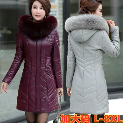 Oversize8XL Leather Jacket Womens Winter Parka Down Cotton Jacket Thick Warm Long Fur Coat Female Hooded Parkas Leather Outwear