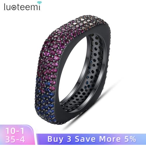 LUOTEEMI Punk Style Black Square Rings for Women or Men with Micro Multicolor Cubic Zirconia Hiphop Cool Fashion Jewelry