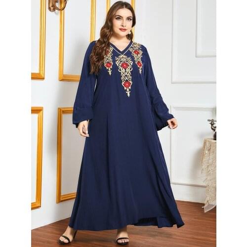 Plus Size Maxi Dress for Women Fall 2021 Elegant Ethnic Embroidery V Neck Long Sleeve Arabic Muslim Clothes Navy Blue HB412