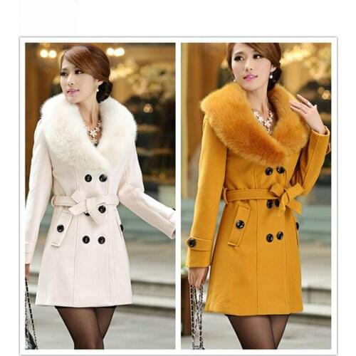Rebicoo Winter Women Woolen Coats Big Fur Collar Long Design New Female Warm Slim Casual Jacket Large Size Woman Coat 5XL