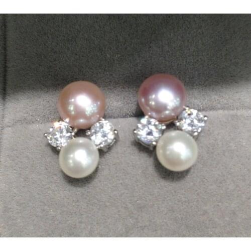 Natural fresh water pearl stud earring double pearl earring 925 sterling silver with cubic zircon fine women jewelry
