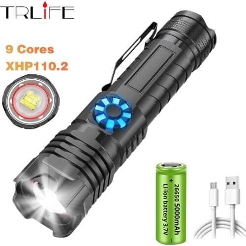 9 Cores XHP110.2 Led Flashlight Stepless Dimming Torch Type-C USB Rechargeable 5000mAh 26650 Battery Aluminum Zoomable Lantern