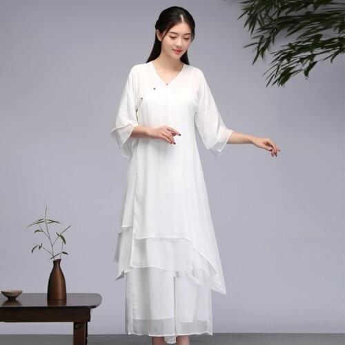 Traditional Chinese Style Clothing Women Yoga Set Linen Loose Sweatshirt+Pant Female Meditation Tai Chi Set Cheongsam Suit T2499