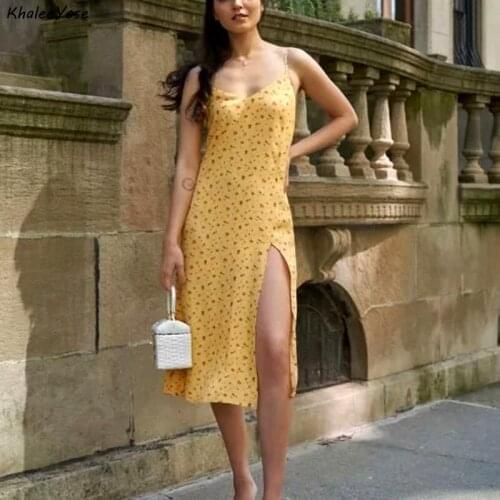 KHALEE YOSE Yellow Vintage Casual Floral Dress Summer Sexy Strappy Midi Women Dresses Backless Split Backless Holiday Dress