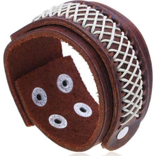 Vintage Fashion Punk Wide Genuine Leather Cuff Bracelet Braided Weave Rope Charm Wristbands Buckle Bangle Handmade Biker Jewelry