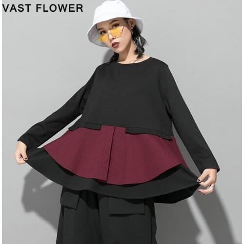 Ruffles Patchwork Vintage Contrast Color Pleated Women Tshirt Fashion 2021 Spring Autumn Long Sleeve Women Clothes T-Shirt Tops