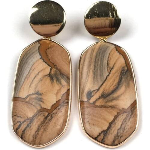 2020 Wholesale New Women Earrings Stud Jewelry Multicolor Handmade Nature Stone Long Rectangle Picture Stone Earring