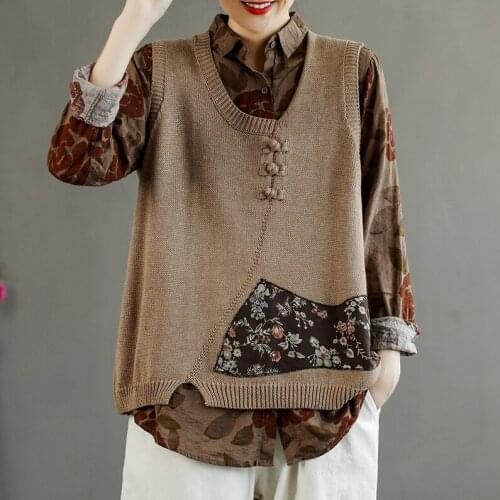 21New Women Vests Autumn Spring Prairie Chic Style Spliced Buttons Embroidery Furcal Loose Sleeveless Female Knit Tops Fashion