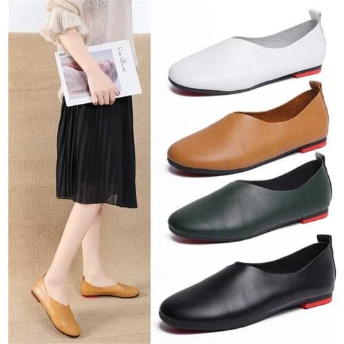 2020 Genuine Leather Flat Shoes Woman Hand-sewn Leather Loafers Cowhide Flexible Spring Casual Shoes Women Flats Women Shoes