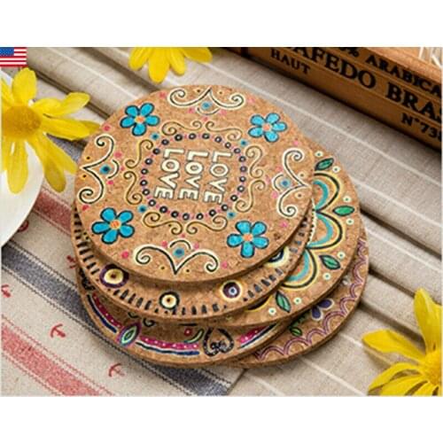 4Pcs Mixed Natural Cork Round Cup Mat Drink Coasters Heat Insulation Patterned Pot Holder Mats for Coffee Table Tabletop