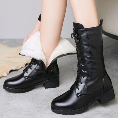 AQ745 Winter thick wool women boots Genuine Leathe plus size 43 platform boots thick heel women lace-up Warm Woman Botas Mujer