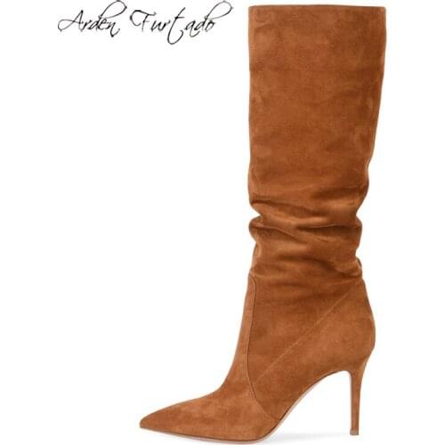 Arden Furtado Fashion Womens Shoes Pointed Toe Stilettos Heels Sexy Elegant Ladies Boots Slip on pleated boots 44 45