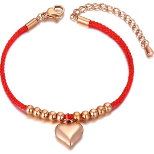 Ethnic Chinese Style Stainless Steel Red Rope Hand-woven Bracelets For Women Girls Fashion Lucky Heart Jewelry B21008