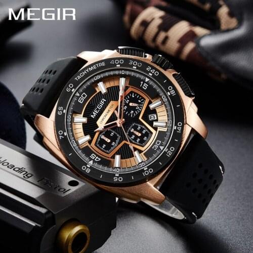 MEGIR Mens Casual Watches Silicone Band Waterproof Military Chronograph Sport Watch Waterproof Wristwatches Men Clock 2056