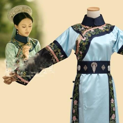 Long Gown Only Light GreenBamboo Embroidery Costume TV Play Lonely Empty Court of Late Spring Same Design Qing Princess Costume
