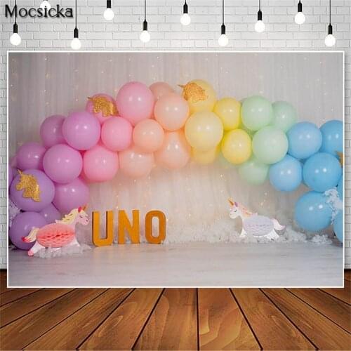 Rainbow Balloon Photoshoot Backdrop Girls First Birthday Cake Smash Backgrounds for Photography Studio Unicorn Photo Props