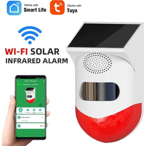 Tuya WiFi Solar Powered Infrared Motion Sensor Detector Siren Strobe Alarm System Waterproof For Home Yard Outdoor Security