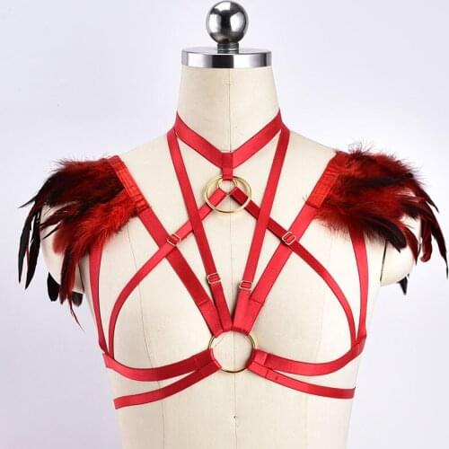Red feather epaulettes Body harness Multicolor festival tribal shoulder pieces clothing Mardi Gras Cosplay Apparel Feather Bras