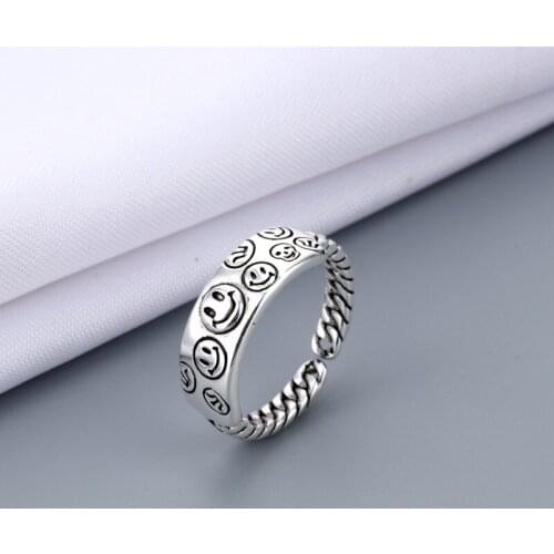 KSR Retro Hip Hop Positive Energy Smile Face Open Rings For Women Vintage Silver Color Adjustable Multi Skeleton Twisted Ring