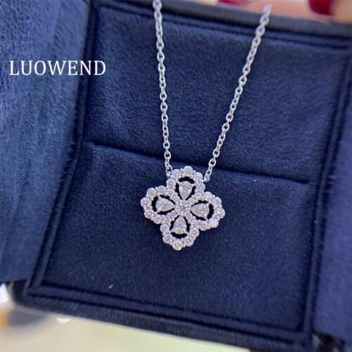 LUOWEND 100% 18K White Gold Pendant Necklace Real Natural Diamond Women Necklace Lucky Birthday Lucky Four Leaves Clover Shape
