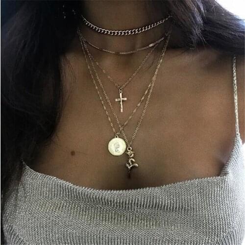 Trendy Fashion Religious Style Multi Chain Necklace Gold Vintage Punk Cross Flower Choker Necklaces Femme Jewelry